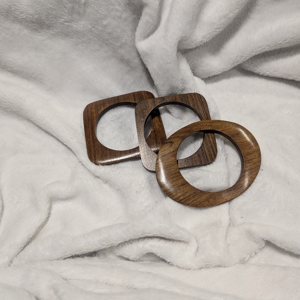 Earthy Boho Mid Century Style Stackable Wooden Bangle Bracelet Trio - Picture 2 of 5